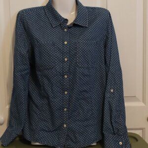 Talbots Chambray Denim Polka Dot Button Down Shirt Size 12